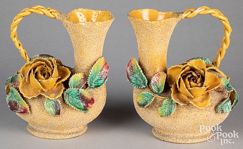 Pair of Lear pottery sand glaze pitchers