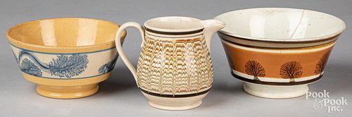 Mocha bowl and creamer and a yellowware bowl