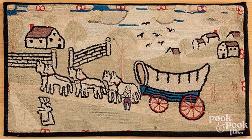 Hooked rug with a farmscene