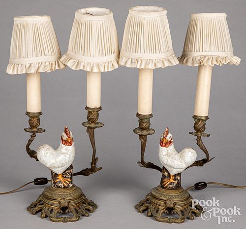 Pair of brass and porcelain rooster table lamps