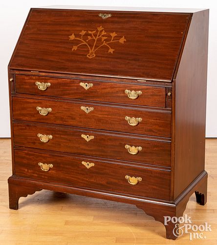 Chippendale style inlaid mahogany slant front desk