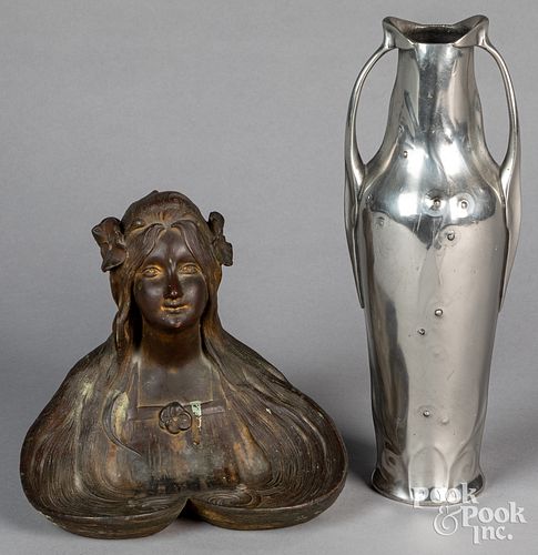 Kayserzinn Art Nouveau vase and a metal sculpture
