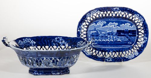 STAFFORDSHIRE AMERICAN HISTORICAL TRANSFER-PRINTED CERAMIC RETICULATED BASKET AND STAND