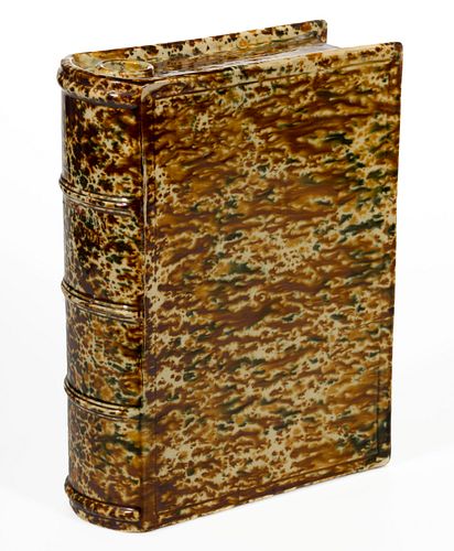 AMERICAN BENNINGTON ATTRIBUTED FLINT ENAMEL ROCKINGHAM-GLAZE POTTERY LARGE BOOK FLASK