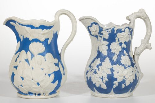 AMERICAN BENNINGTON BLUE AND WHITE PORCELAIN PITCHERS, LOT OF TWO