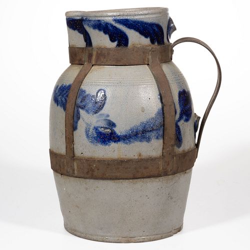 MID-ATLANTIC DECORATED STONEWARE PITCHER WITH "MAKE-DO" HANDLE