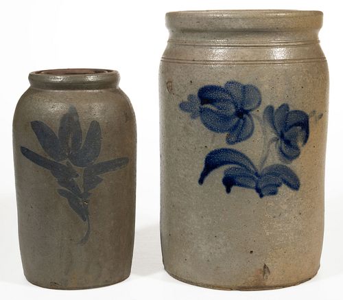 MID-ATLANTIC DECORATED STONEWARE JARS, LOT OF TWO