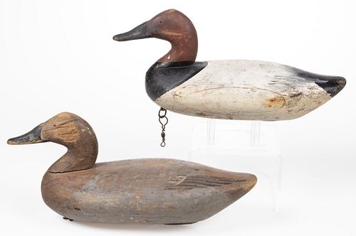 JIM CURRIER (HARVE DE GRACE, MARYLAND, 1886-1969), ATTRIBUTED, FOLK ART CARVED AND PAINTED CANVASBACK DECOY PAIR