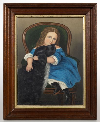 AMERICAN SCHOOL (19TH CENTURY) FOLK ART PORTRAIT OF A GIRL AND DOG