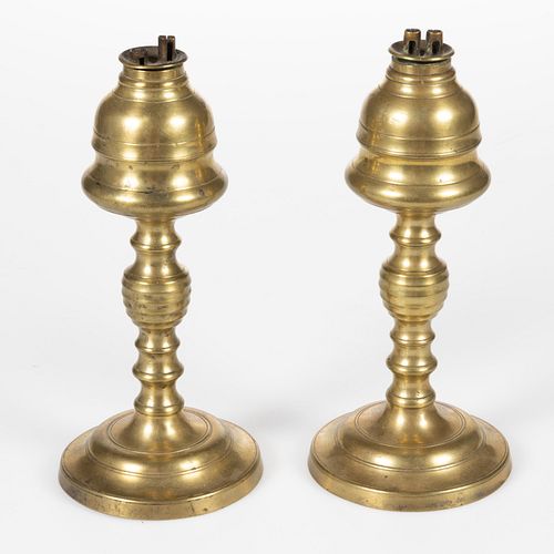 CAST BRASS WHALE OIL STAND LAMPS, PAIR