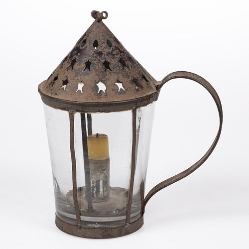 PIERCED AND PUNCHED SHEET-IRON / TIN AND GLASS HANDLED CANDLE LAMP