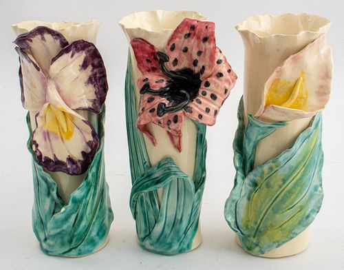Signed Flower Art Pottery Ceramic Vases, 3