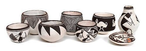 Eight Lewis Family, Acoma Miniature Pots Height 1 1/8 inches.