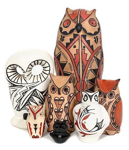 Five Jemez Pottery Owls Height of tallest 11 1/2 inches.