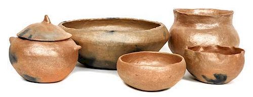 Five Taos Micaceous Pottery Vessels Height of largest 4 x diameter 11 1/2 inches.