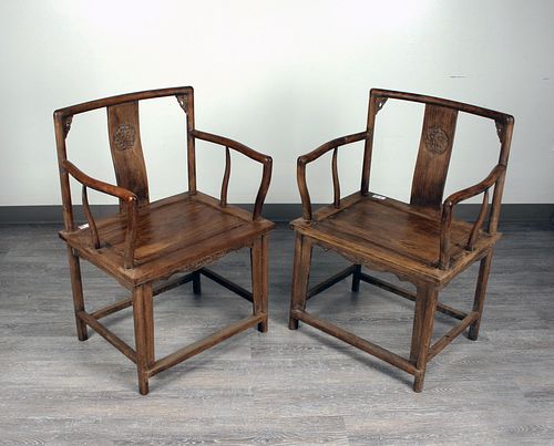 PAIR CHINESE CARVED HUANGHUALI PEONY CHAIRS
