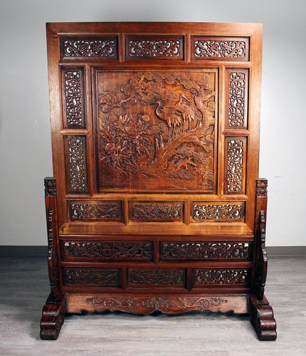 LARGE CHINESE CARVED WOODEN CRANE CALLIGRAPHY SCREEN