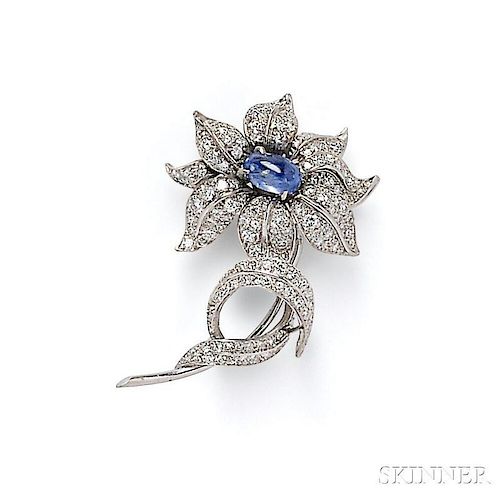 Platinum, Sapphire, and Diamond Flower Brooch