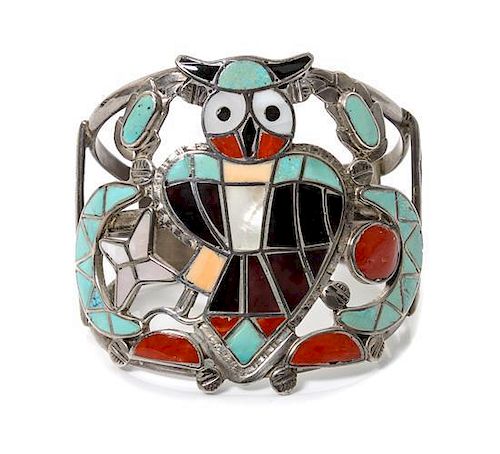 A Zuni Chanel Inlay Owl Design Bracelet, Teddy Edakie Length 5 1/2 x opening 1 1/8 x width 2 inches (approx.)