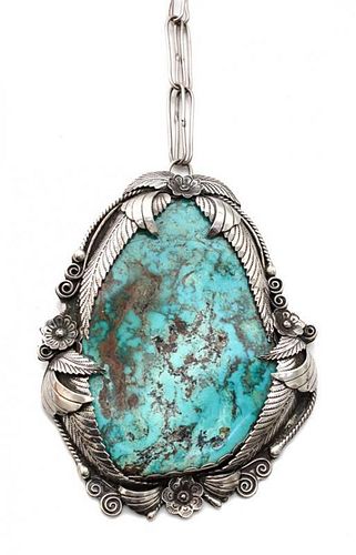 A Oversized Zuni Silver and Turquoise Pendant Height 6 1/2 x width 5 inches.