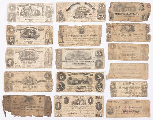 ASSORTED CONFEDERATE STATES / LOCAL CIVIL WAR OBSOLETE CURRENCY / NOTES, LOT OF 16