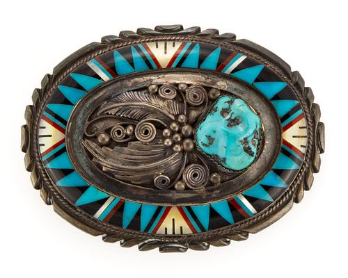POSSIBLY ZUNI NATIVE AMERICAN OR ZUNI-STYLE STONE INLAY AND SILVER BELT BUCKLE