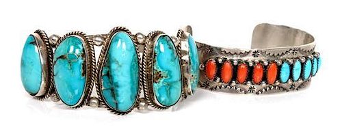 A Navajo Style Silver and Five Stone Turquoise Bracelet Length 6 1/2 x opening 7/8 x width 1 1/2 inches (approx.)