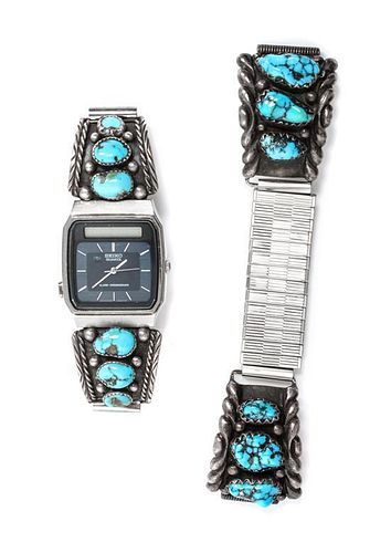 Two Southwestern Silver and Turquoise Watch Bands