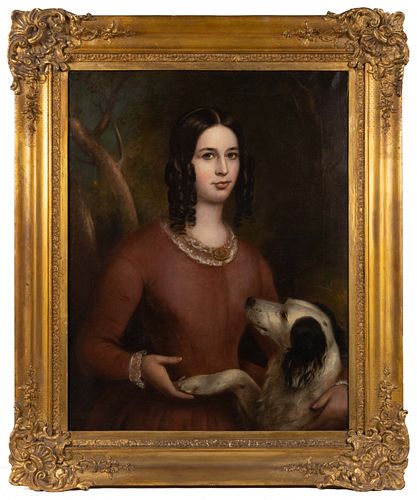 AMERICAN SCHOOL (19TH CENTURY) FOLK ART PORTRAIT OF A GIRL WITH DOG
