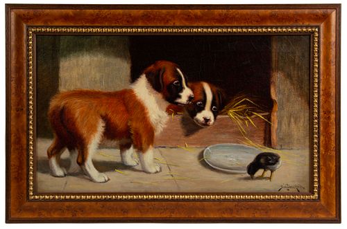 SIDNEY LAWRENCE BRACKETT (AMERICAN, 1852-1910) GENRE SCENE WITH PUPPIES AND CHICK,