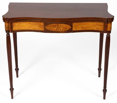 FINE MASSACHUSETTS / NEW HAMPSHIRE FEDERAL INLAID MAHOGANY AND FLAME BIRCH CARD TABLE