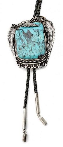 A Large Soutwestern Silver and Turqoise Bolo Height 3 1/2 x width 3 inches.