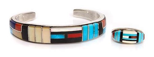 A Southwestern Silver and Multiple Stone Bracelet and Ring Length 5 1/4 x opening 1 1/8 x width 3/8 inches.
