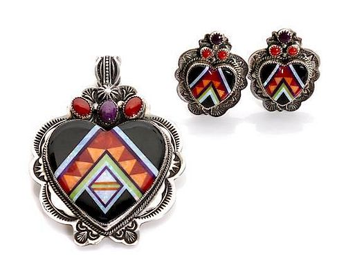 A Southwestern Inlaid Pendant and Earring Set Height of pendant 2 1/4 inches.