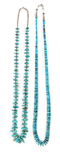 Two Southwestern Turquoise Necklaces Length of each 29 inches.