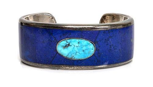 A Silver, Lapis and Turquoise Cuff, Gabriel Abrums Length 5 1/2 x opening 1 x width 7/8 inches.