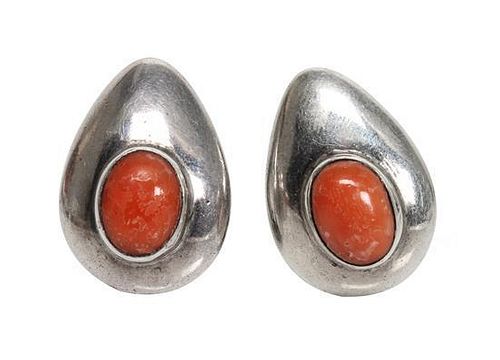 A Pair of Silver and Coral Earclips