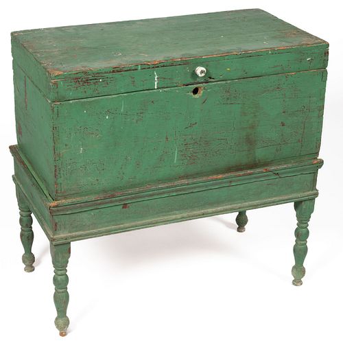 SOUTHERN PAINT-DECORATED YELLOW PINE SUGAR CHEST ON FRAME