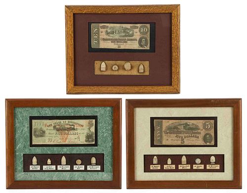 CIVIL WAR CURRENCY AND RELICS, LOT OF THREE FRAMES