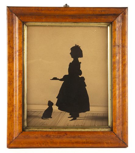 AUGUSTE EDOUART (FRENCH / AMERICAN, 1789-1861) CUT-AND-PASTED SILHOUETTE OF A GIRL AND CAT