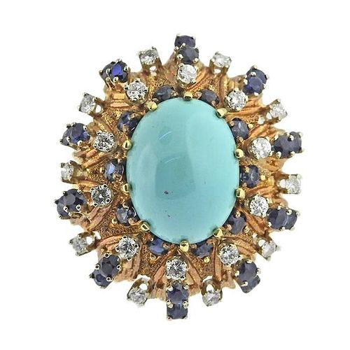 1960s 18k Gold Diamond Turquoise Sapphire Cocktail Ring
