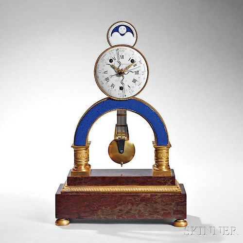 Louis XVI Enamel-mounted Ormolu and Marble Quarter-chiming Skeleton Clock with Calendar