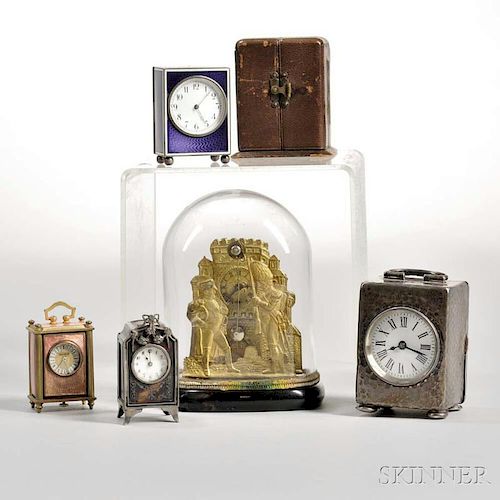 Five Miniature Enameled, Brass, and Silver Clocks