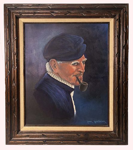 An Oil Canvas Painting of Pipe Smoker Old Man, Joan Fairbairn Signed