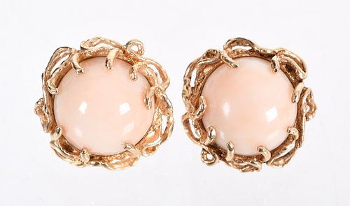 A Pair of 14K Gold , Angel Skin Coral Earrings