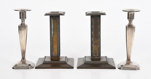 Two Pairs of Candlesticks, Sterling and Brass