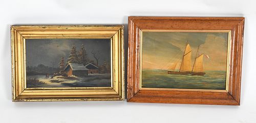 Estate Lot, Two Small Paintings, One a Ship