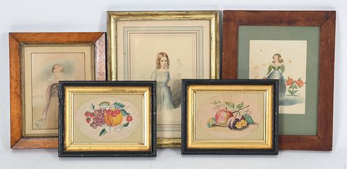 Five Framed Folk Art Watercolors, 19th Century