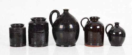 Five Manganese Glazed Stoneware Vessels