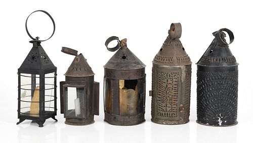 Group of Five Hanging Punched Tin Lanterns